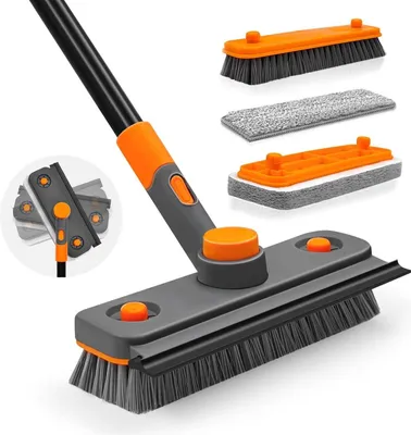 Image de JEHONN Brosse à récurer avec manche télescopique 146,5 cm Brosse éponge 4 en 1 Terrasse Carrelage Salle de bains