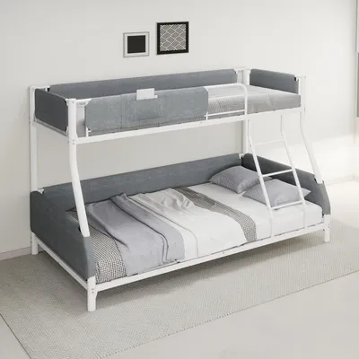 Productafbeelding van Stapelbed van metaal, 90x190/140x190 cm, met gevoerde bescherming tegen uitvallen, geïntegreerde ladder en afneembare linnenzak, wit