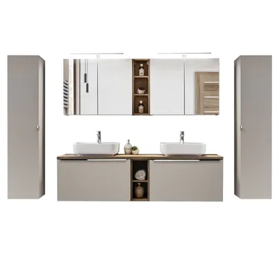 Produktbild von Badmöbel Set in taupe mit Vintage Eiche PUEBLA-56-TAUPE Doppel-Waschtisch mit 2 Keramik-Waschbecken, 2 LED-Spiegelschränke & 2 Hochschränke, B/H/T 270/200/46 cm
