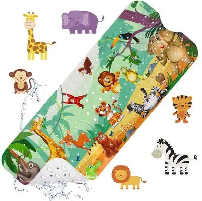 Zdjęcie produktu dla Ibenzoa® Antypoślizgowa mata do kąpieli dla dzieci, 100 x 40 cm, 200 przyssawk, PVC i antypoślizgowy kauczuk, kolorowe motywy z kreskówek przedstawiające zwierzęta, antybakteryjna, bez BPA, ftalanów i lateksu
