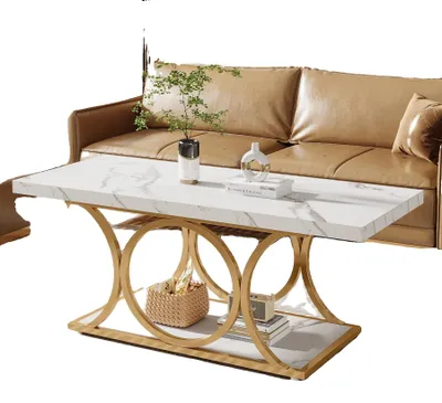 Image de Table basse, design moderne, rangement en deux niveaux, blanche et dorée