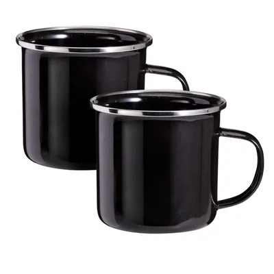 Produktbild von 2er Set Emaille Becher 350 ml Schwarz mit Griff Tasse Camping Kaffee Tee Kaffeebecher Kaffeetasse