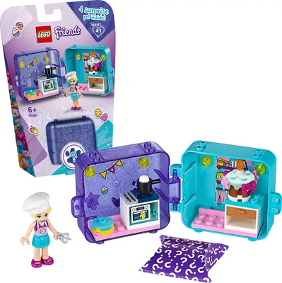 The image shows the packaging and contents of a LEGO Friends playset, specifically "Stephanie's Magical Cube - Baker". The packaging is at the top left, and the opened cube playsets are displayed in the center and right. A mini-doll figure is also shown.