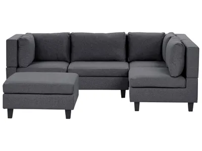 Produktbild von BELIANI 4-Sitzer Ecksofa Linksseitig Dunkelgrau Stoffbezug mit Ottomane Kissen Schwarze Beine Modular Modern Modulsofa Wohnlandschaft Wohnzimmer