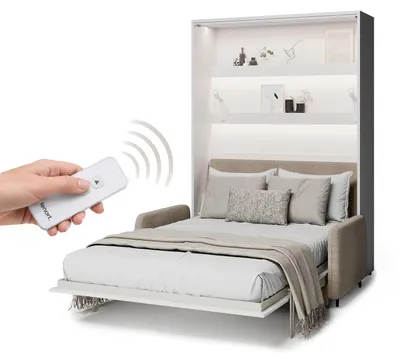 Produktbild von MEBLINI Elektrisches Schrankbett Bed Concept - Wandbett mit Lattenrost, Sofa und Kopfteil - Wandklappbett - BC-36 - 140x200cm Vertikal - Weiß Hochglanz - Sofa und Kopfteil Beige ohne Matratze