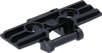 A black LEGO Technic connector piece is shown against a white background.