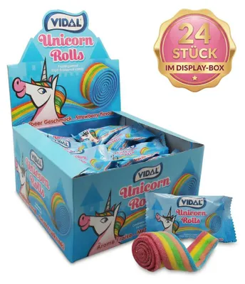 Obrázok produktu pre Displej s 24 rolkami žuvačiek "Rolla Belta Unicorn", viacfarebné žuvačky s príchuťou jahody