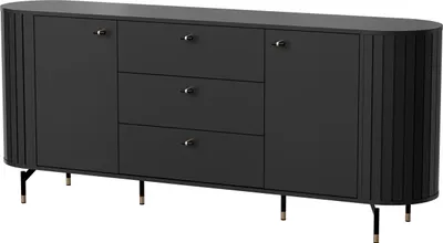 A black sideboard with three drawers and two cabinet doors, shown from the front on a white background.