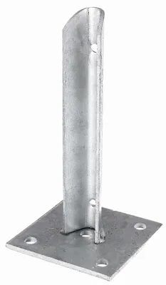 A galvanized metal fence post holder with a square base and a vertical U-shaped bracket.