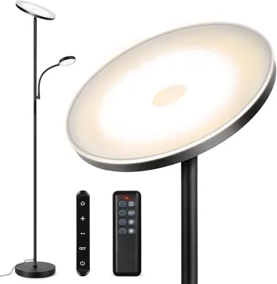 Image de Lampe sur pied LED à intensité variable avec lampe de lecture, 27W/2400LM. Plafonnier avec lampe de lecture de 7W, 4 températures de couleur, télécommande, contrôle tactile, minuterie de 1 heure. Lampe sur pied de 178 cm pour salon, chambre à coucher, bureau