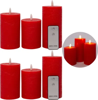 Produktbild von 6er Set Led Kerzen 7,5cm ø Kerze flackernde Flamme mit Fernbedingung ROT 15 cm + 12,5 cm + 10 cm Höhe, LED Kerzen mit Timerfunktion, 3 AAA Batterien nötig, LED Echtwachs Stumpenkerzen warmweiß