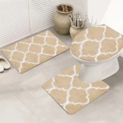 Image de Set de tapis de salle de bain, 3 pièces, antidérapant, motif géométrique, doux, à la mode, pour salle de bain, salon, décoration de la maison (Beige)