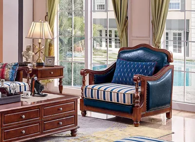 Zdjęcie produktu dla Designerski skórzany fotel do salonu fotel design meble niebieski klasyczny