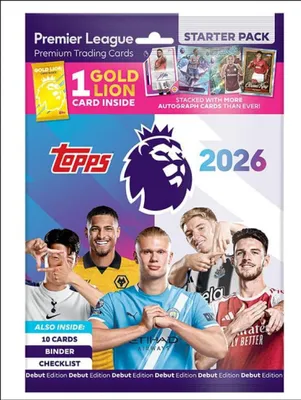 A product package for Topps Premier League trading cards, featuring several football players.