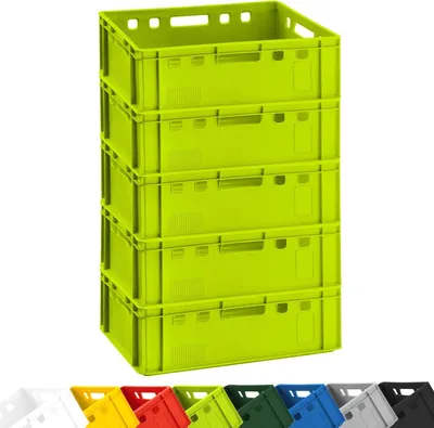 Produktbild von 5x Fleischkiste E2 Metzgerkiste 60x40x20cm lebensmittelecht, robust, stapelbar - Universal Lagerkiste Eurobox aus Deutschland, Farbe:hellgrün