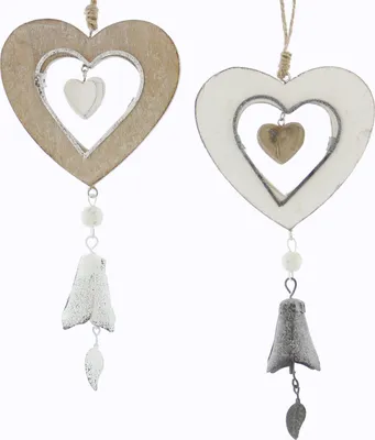 Immagine prodotto di 2 pendenti decorativi campane a cuore legno e metallo