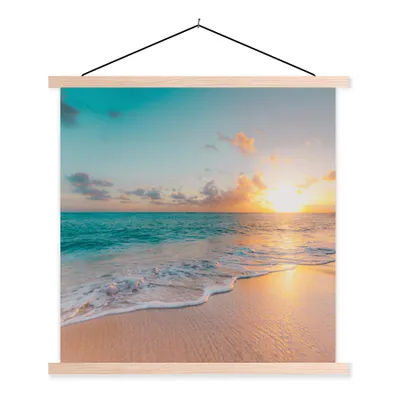 Produktbild von MuchoWow® Textilposter Sonnenuntergang - Strand - Meer - Sommer - Blau 60x60 cm mit holzfarbenen Rahmen - Wanddekoration