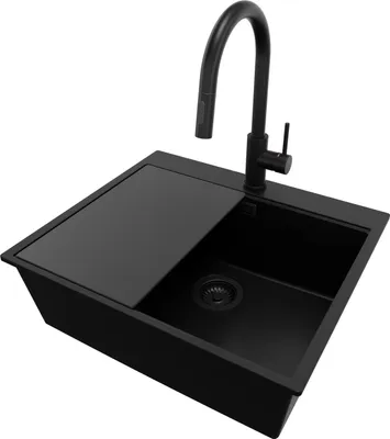 Produktbild von PRIMAGRAN Granitspüle Alles Schwarz 58x50cm, Spülbecken 1 Becken + Küchenarmatur 40x20cm + Ablauf-Set + Schneidebrett, Küchenspüle ab 60er Unterschrank - Oslo