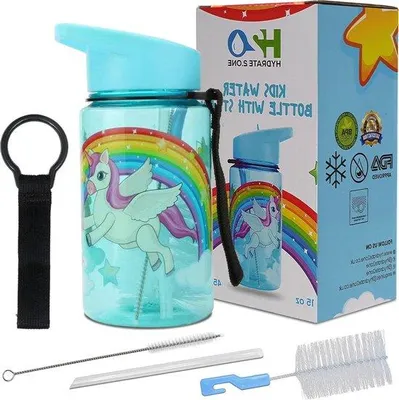 Obrázek produktu pro Lahve na vodu s brčkem pro děti - nepropustný kelímek na pití do školy 400 ml - vhodné pro chlapce, dívky a batolata - dětská láhev na pití s jednorožcem