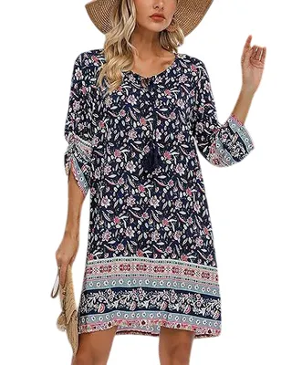 Produktbild von ASKSA Damen Bohemian Tunika Kleid Strandkleid Sommerkleider Vintage Strandkleider 3/4-Arm Rundhals Kleid Blumenmuster Tunikakleider (Marineblau,XXL)