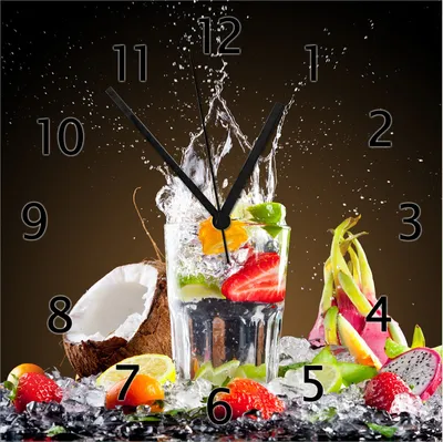 Produktbild von Wallario Design Wanduhr Tropische Früchte in einem erfrischenden Drink aus Echtglas, Größe 30 x 30 cm