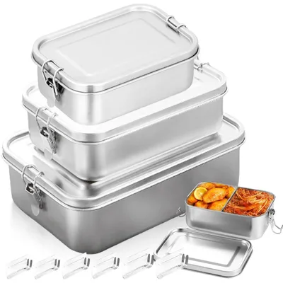 Image de Ensemble de 3 boîtes à lunch en acier inoxydable, avec compartiments, étanches et durables