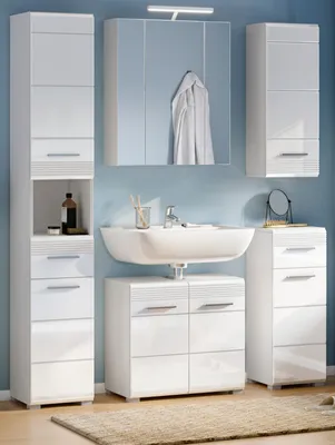 Produktbild von Badmöbel Set 5-teilig "Leon" weiß Hochglanz Badkombination 150 x 182 cm mit LED