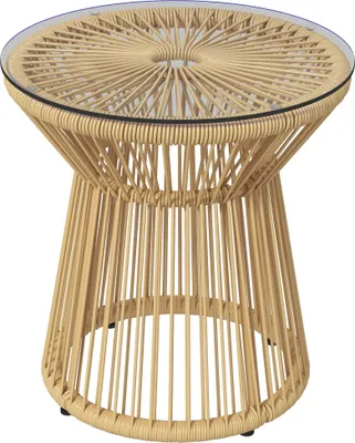 Produktbild von Beistelltisch mit Glasplatte – Runder Couchtisch im modernen Trommel-Design – Metall-Gartentisch für Terrasse & Balkon, Beige