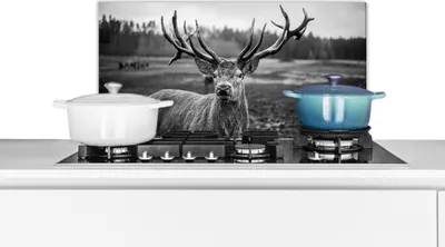 Produktbild von KitchenYeah®  Spritzschutz Küche - Küchenrückwand - Wandschutz für Herd und Spüle - Tiere - Hirsch - Geweih - Schwarz und weiß - Natur 60x30 - Alu-Dibond (Alternative zum Spritzschutz aus Glas) - Hitz