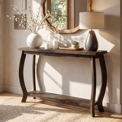 Zdjęcie produktu dla Konsola z litego drewna, wąska, idealna do przedpokoju, szerokość 104 cm. Mała konsola w stylu rustykalnym, z dwupoziomową półką, idealna do salonu lub sypialni, kolor brązowy