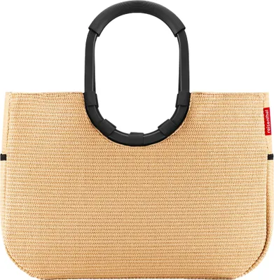 A studio shot of a beige woven tote bag with black handles against a white background.