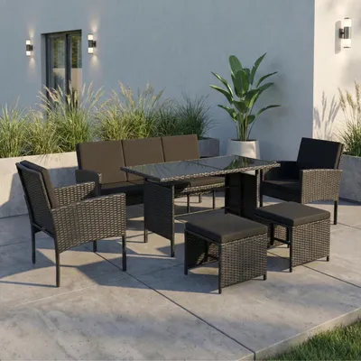 Produktbild von Home Collective Gartenmöbel Set 7-Sitzer | Lounge Outdoor Gartenlounge | 3-Sitzer-Sofa 2 Stühle 2 Hocker | gehärteter Glasplatte & Polster für Terrasse u. Garten | Polyrattan Schwarz schwarzes Kissen