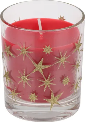 Produktbild von Kerzenglas "Glitzersterne" Rubin Rot 79/65 mm, Weihnachtskerzen von Steinhart Kerzen in RAL-Kerzen Güte Qualität