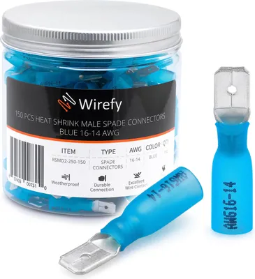 Produktbild von Wirefy Blaue Schrumpfverbinder Flachstecker Isoliert - Kabelschuhe Männliche Flachstecker Sortiment - Quetschverbinder Kfz - 1,5-2,5 mm² - 150 Stück