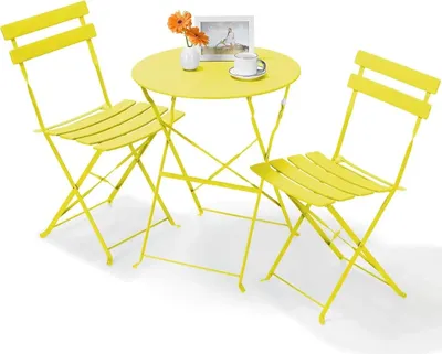 Immagine prodotto di Set bistrot da giardino - Set 3 pezzi - Pieghevole - Metallo/ferro - Per 2 persone - Tavolo 60x60x72 cm - Giallo