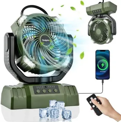Produktbild von Camping Ventilator mit Akku 10000mAh, Tragbarer Ventilator Leise mit LED-Licht, 270° Rotieren Tischventilator mit Haken/USB-Aufladung, Zeltventilator für Outdoor Camping, Stromausfall, Angeln, Büro