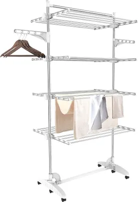 Produktbild von Wäscheständer Turm Klappbar, Wäscheturm 4 Ebenen aus Edelstahlrohre, Turmtrockner mit 6X Rollen, Flügel, Obene Stange, Mobiler Turmwäscheständer für Balkon Wohnzimmer Badewanne, Weiß | Turmtrockner mit 6X Rollen, Flügel, Obene Stange, Mobiler Turmwäscheständer für Balkon Wohnzimmer Wäscheraum Badezimmer