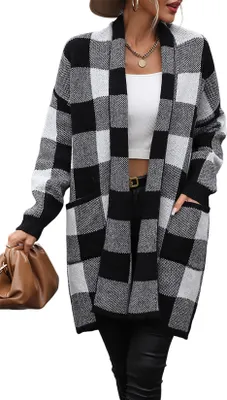 Produktbild von ASKSA Damen Cardigan Karierter Farbblockstrick Strickpullover Elegante Strickjacke Oberbekleidung, Schwarz, S