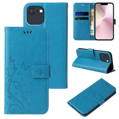 Produktbild von Handyhülle für Apple iPhone 17e Floral Blumen Schmetterling Flip Cover Hülle Case Klapphülle Handytasche Farbe: Blau