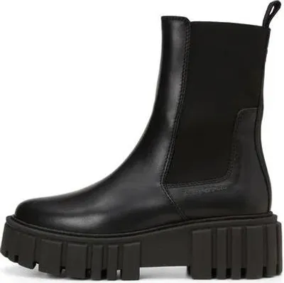 A black Chelsea boot with a thick sole, shown from the side against a white background.