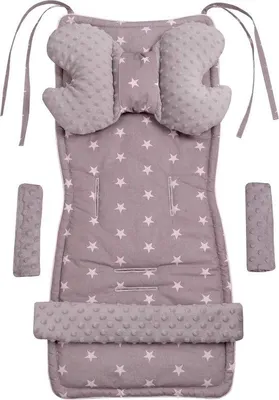 Produktbild von Famanu Sitzkissen für Kinderwagen und Buggy - 5-teilig, mit Gurtpolstern und Spielbogen, Sterne auf grauem Minky