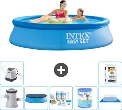 Produktbild von Intex runder aufblasbarer Easy Set-Schwimmpool – 244 x 61 cm – Blau – inklusive Pumpe Abdeckung - Wartungspaket - Filter - Bodenplane - Salzwassersystem - Poolsalz