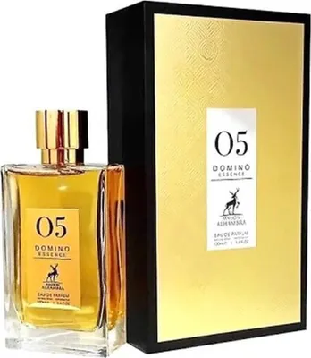 A perfume bottle and its packaging are displayed against a white background.