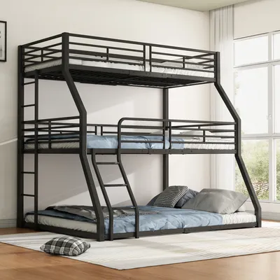 A black metal triple bunk bed with mattresses and pillows, set up in a room with a large window and curtains.