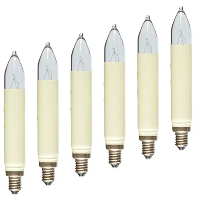 Produktbild von Erzgebirgslicht - AUSWAHL - 6 Stück Schaftkerze 12V 3W E10 für 20 Brennstellen Ersatzbirne Glühbirne (Normal-)Schaftkerze Glühlämpchen für Lichterketten Pyramide und Schwibbogen (keine LED!)