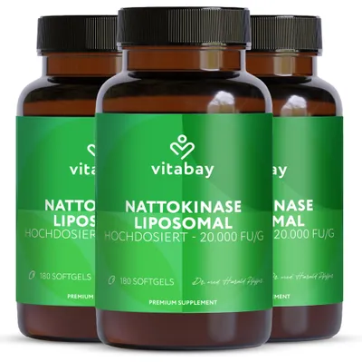 Produktbild von Vitabay Nattokinase 2.000 FU – 540 vegane Kapseln – 3er-Pack – liposomale Nattokinase aus fermentierten Sojabohnen – ohne Zusatzstoffe