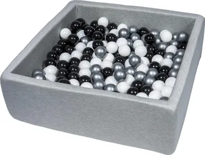 Image de Piscine à balles pour enfants, 90x90 cm, aire de jeux + 200 balles noires, blanches, argentées