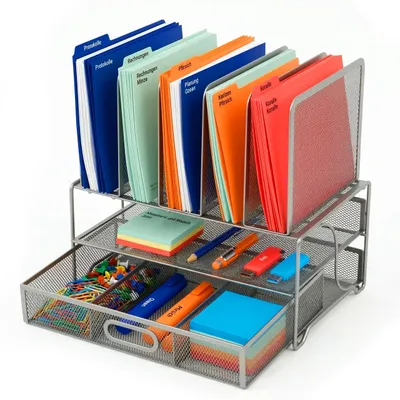 Produktbild von Relaxdays Schreibtisch Organizer, Ordnerhalter mit Schublade & 6 Ablagen, Büro, HBT: 36 x 35 x 24,5 cm, Metall, silber