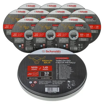 Productafbeelding van Schmith metalen doorslijpschijf 125x1mm Black Bull, 10-delige verpakking. Schmith Black Bull 125x1mm (10 stuks). Flexibele schijf, doorslijpschijven voor haakse slijpmachines. 12200 RPM. Geschikt voor roestvrij staal, staal en metaal