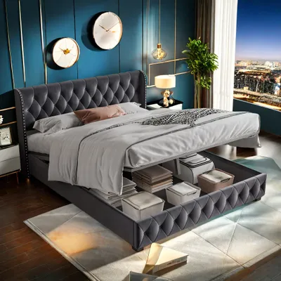 Image de Lit rembourré 160x200cm avec sommier à lattes, lit boxspring hydraulique avec coffre de lit et espace de rangement, lit de rangement en boisSamt, lit double de rangement gris